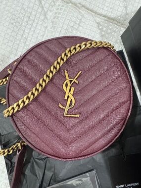 Saint Laurent Wine Quilted Round Crossbody with Gold YSL Chain